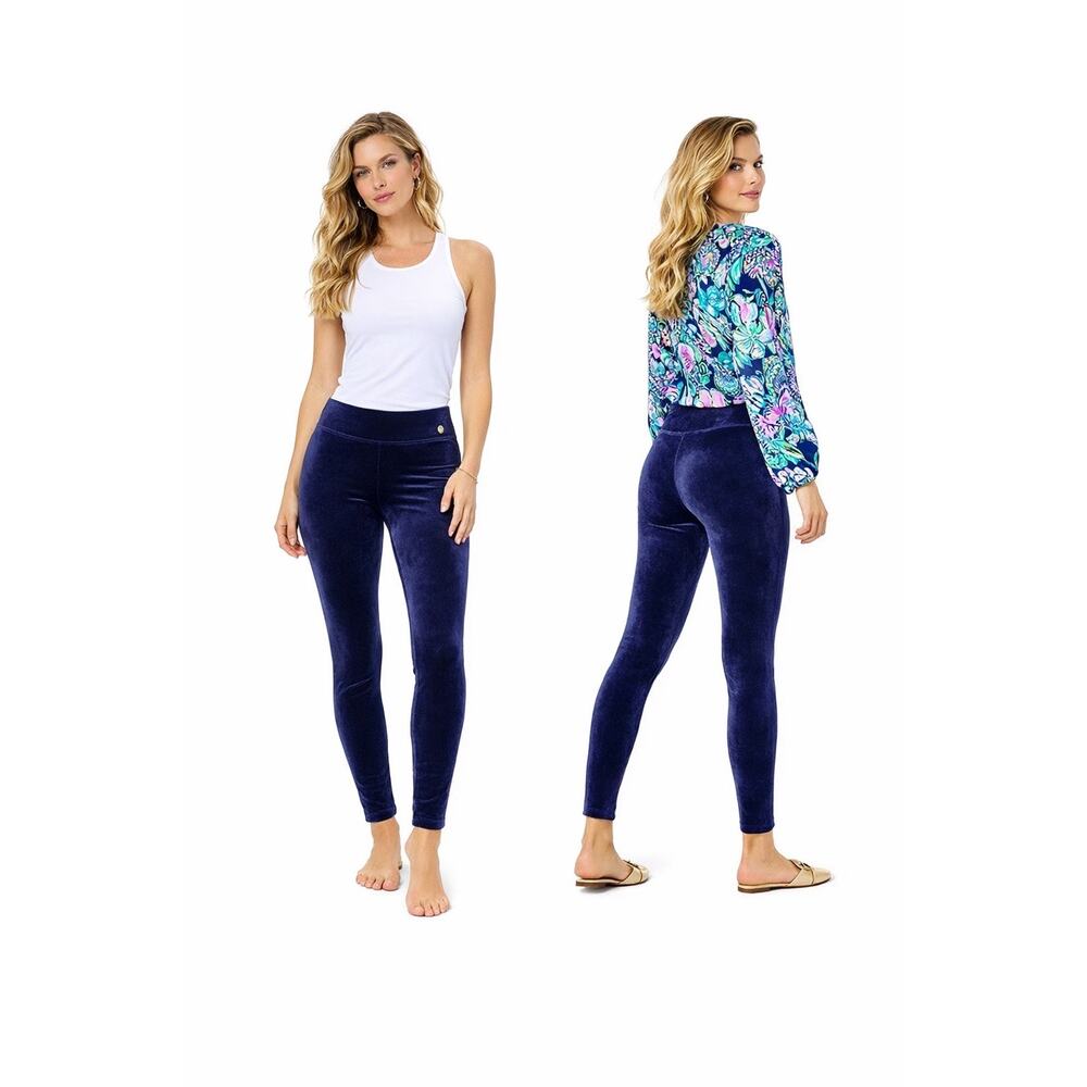 Lilly Pulitzer Myria Velour Leggings Navy Blue Velvet XXS 29” Luxe Y2K Lounge
